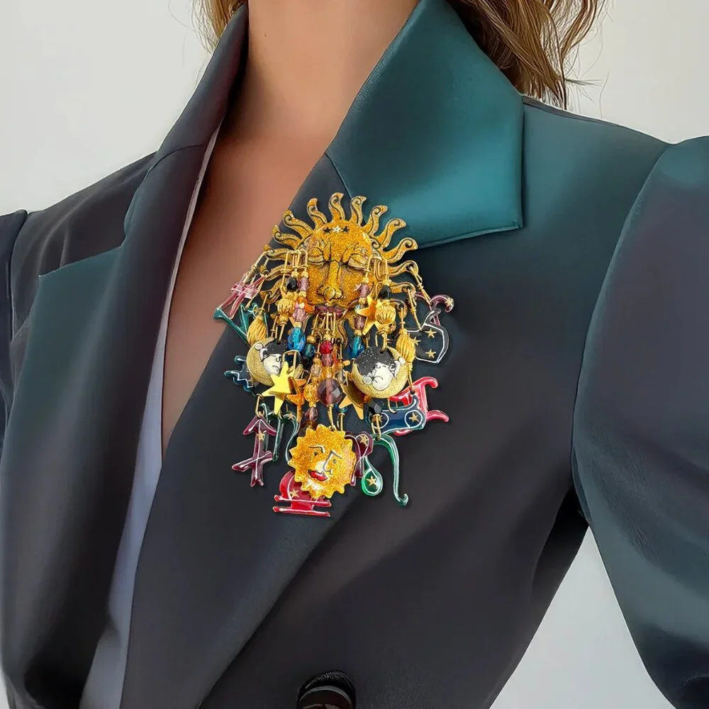 Lunch at The Ritz Zodiac Sun Pin – Hand-Enameled Celestial Astrology Brooch - Picture 2 of 11